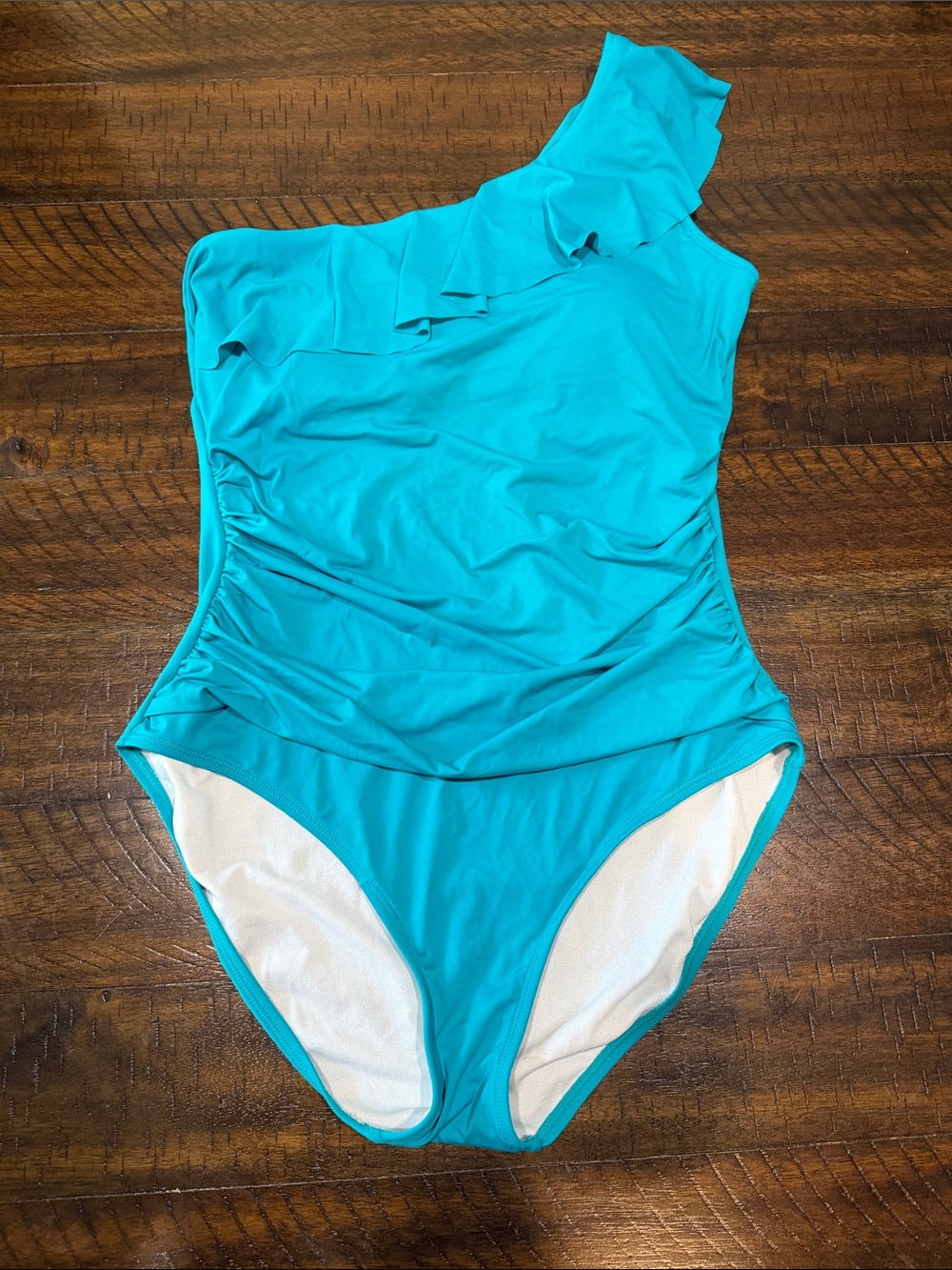 One-Shoulder Teal Blue Ruffled One-Piece Swimsuit with Tummy Ruching, size 10